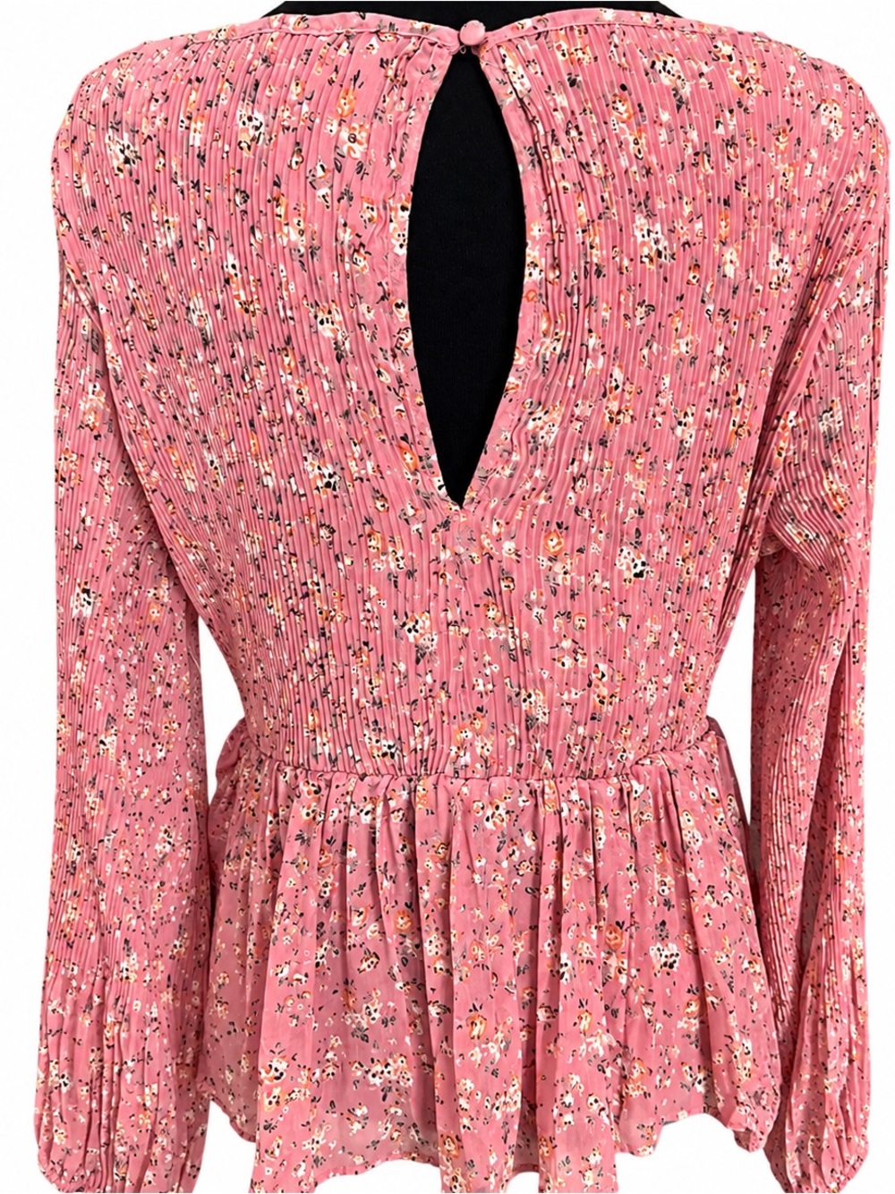 Pink Floral Pleated Peplum Blouse Romantic Boho Long Sleeve Top XL - Picture 3 of 8